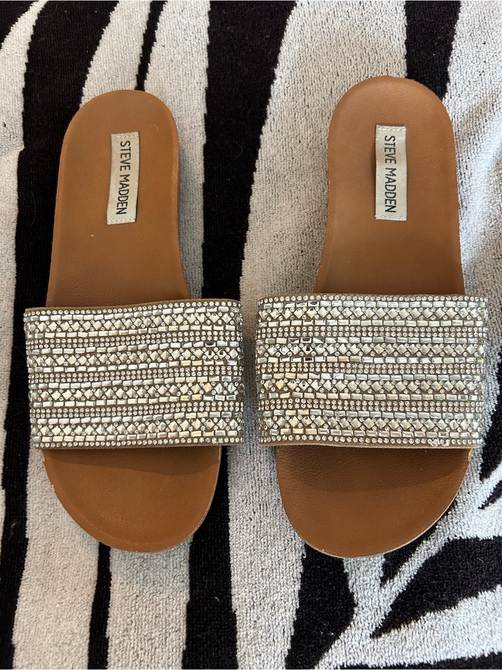 Steve Madden Brown Slide Sandals with Silver Crystal Straps